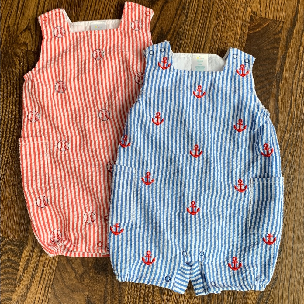 Nursery Rhyme Lightweight Striped Red and Blue Baby Rompers - 3-6mo